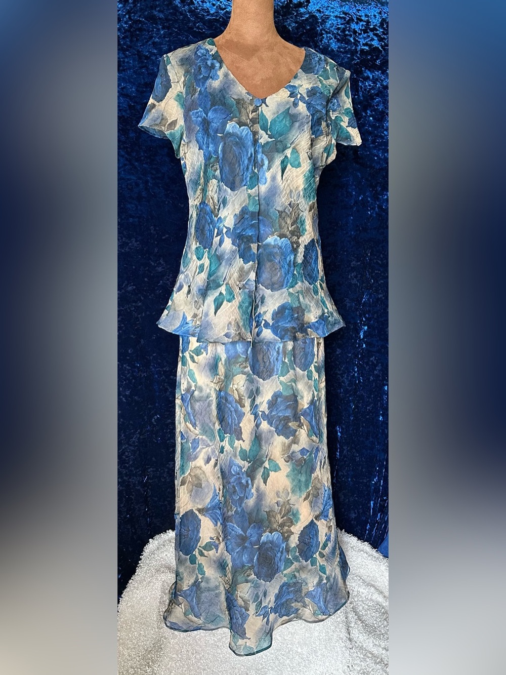 Vintage Miss Dorby Blue Roses Women's Ankle Length Dress